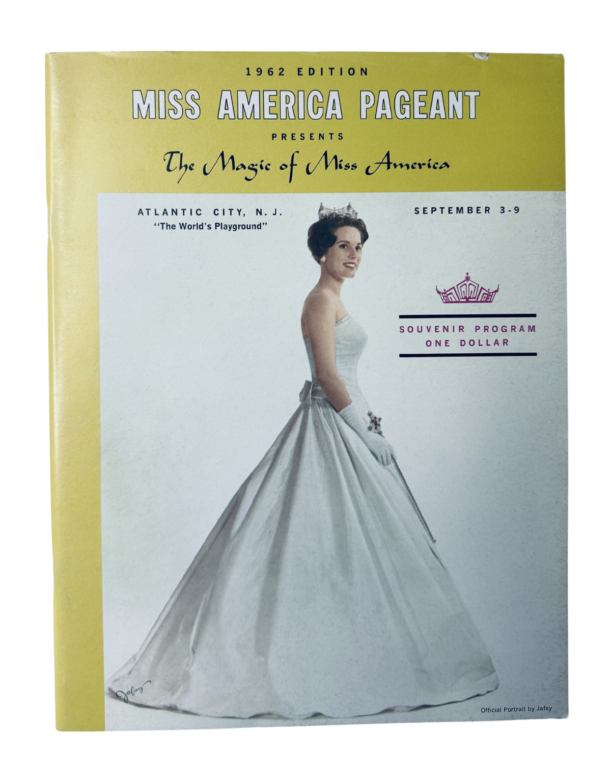 Miss America Pageant Magazine September 3–9, 1962 cover featuring a model in a beautiful white gown, highlighting the theme 'The Magic of Miss America' with a colorful background.