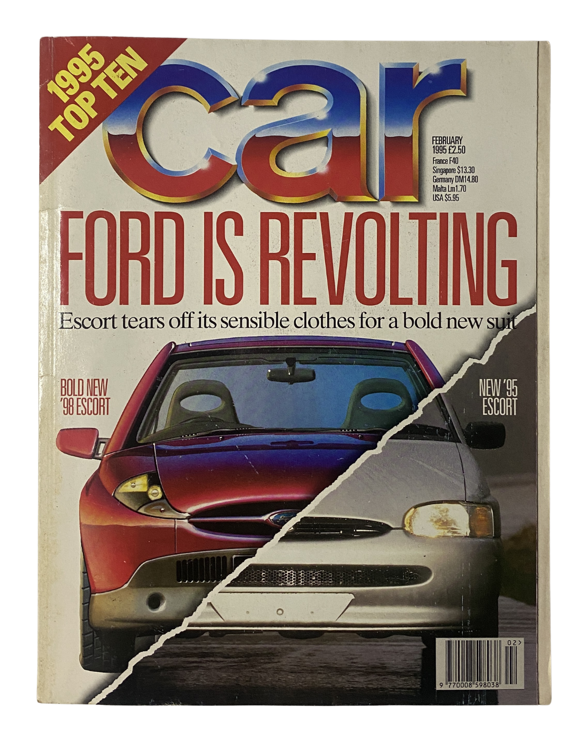 Cover of Car Magazine February 1995 featuring the bold Ford Escort with the tagline 'Ford Is Revolting'. Highlights the magazine's Top Ten feature.