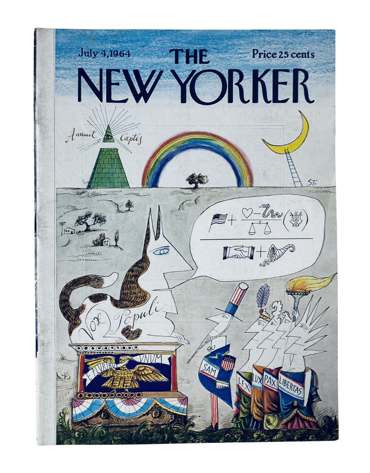 The New Yorker Magazine July 4, 1964 Political Allegory Cover Art by Steinberg featuring a colorful illustration with symbolic elements, including a rainbow and abstract shapes.