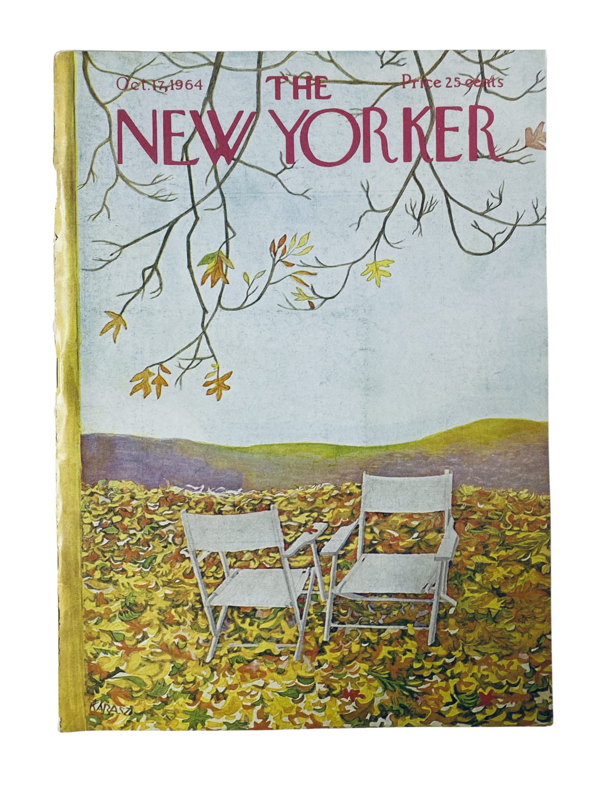 The New Yorker Magazine October 17, 1964 featuring an artistic cover depicting two autumn chairs amidst a colorful leaf background. The cover showcases Ilonka Karasz's artwork.