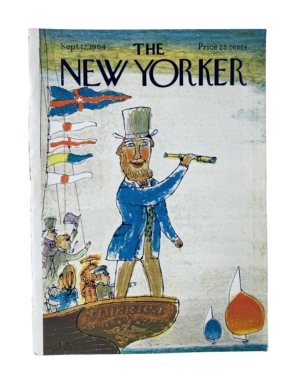Cover of The New Yorker Magazine September 12, 1964 featuring an illustration of a man with a telescope on a ship labeled 'America', capturing a unique artistic style and color palette.