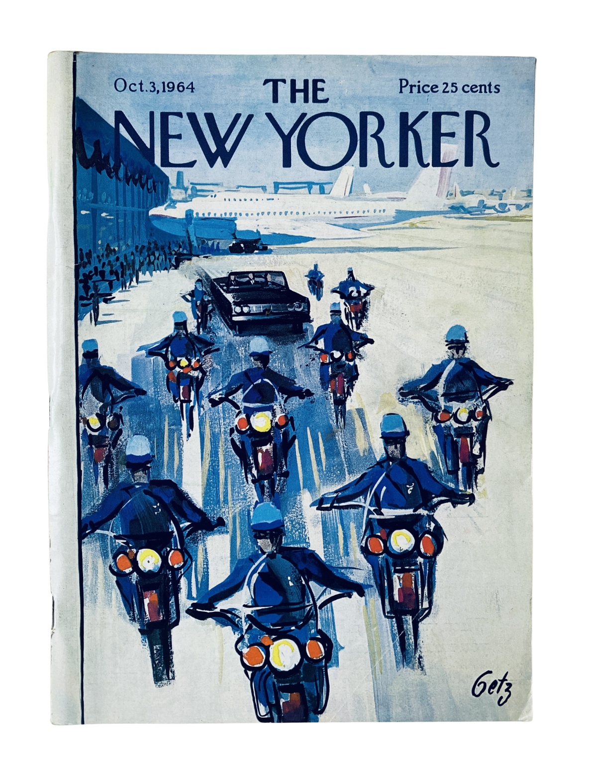 The New Yorker Magazine cover from October 3, 1964 featuring an A. Getz illustration of motorcycle police escorting a vehicle at an airport. The image captures a vivid scene with police officers on motorcycles, blending art and transportation.