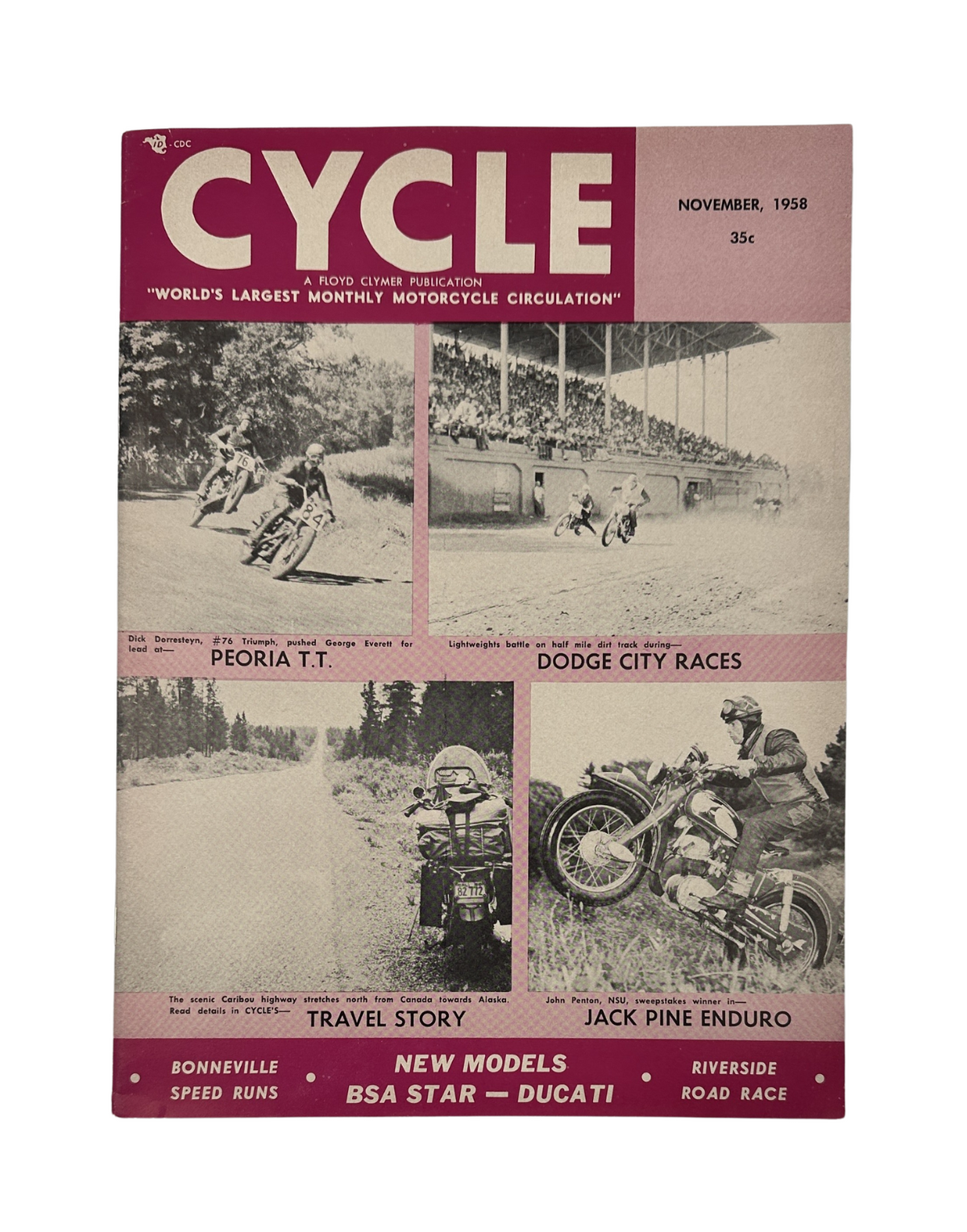 Cycle Magazine cover from November 1958 featuring photos from Peoria T.T., Dodge City Races, and articles on BSA and Ducati motorcycles. Title: 'Cycle Magazine November 1958 BSA Ducati Bonneville Peoria T.T. Enduro VG'.