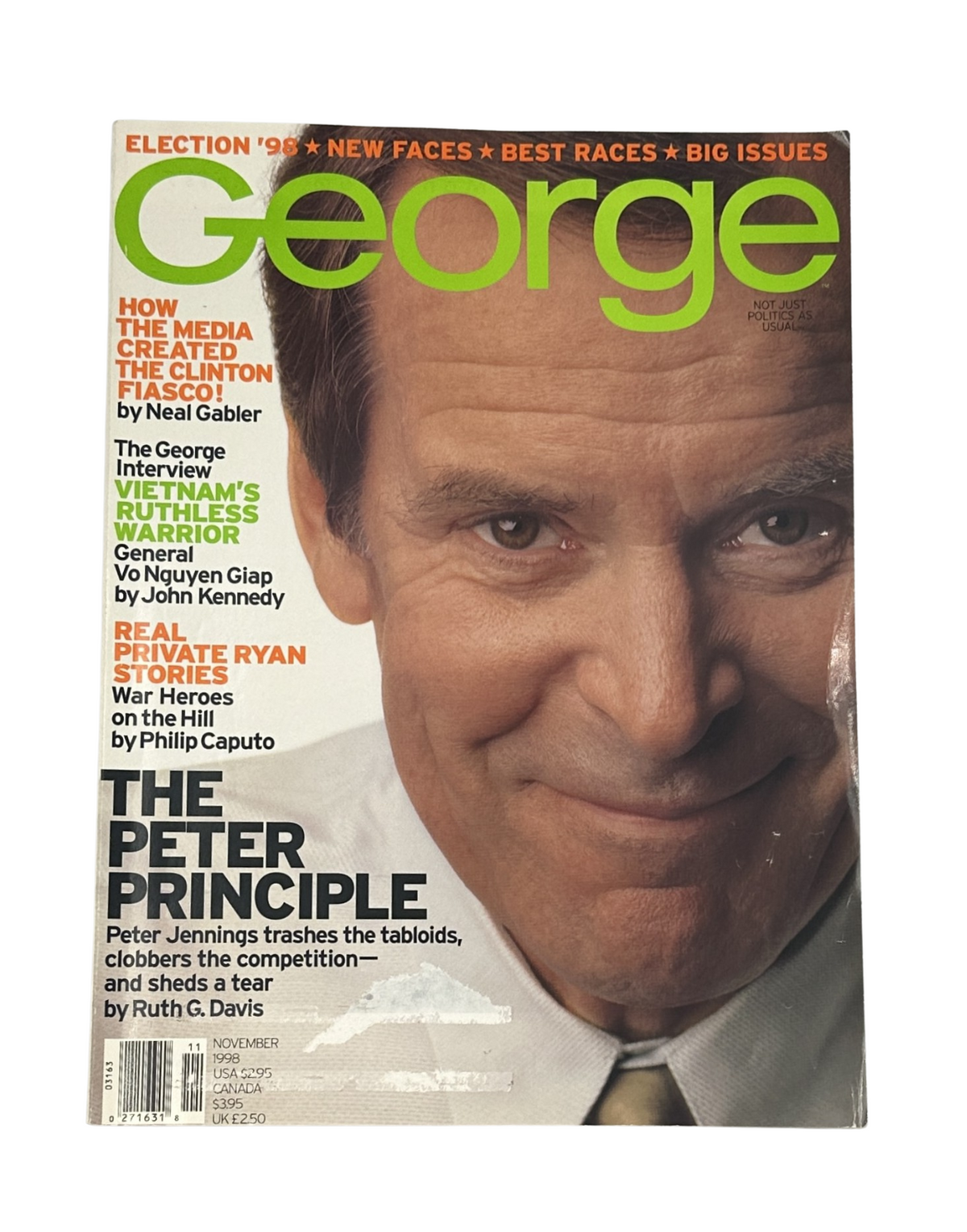 George Magazine cover from November 1998 featuring Peter Jennings, highlighting topics like the Clinton election campaign and an interview with General Vo Nguyen Giap.