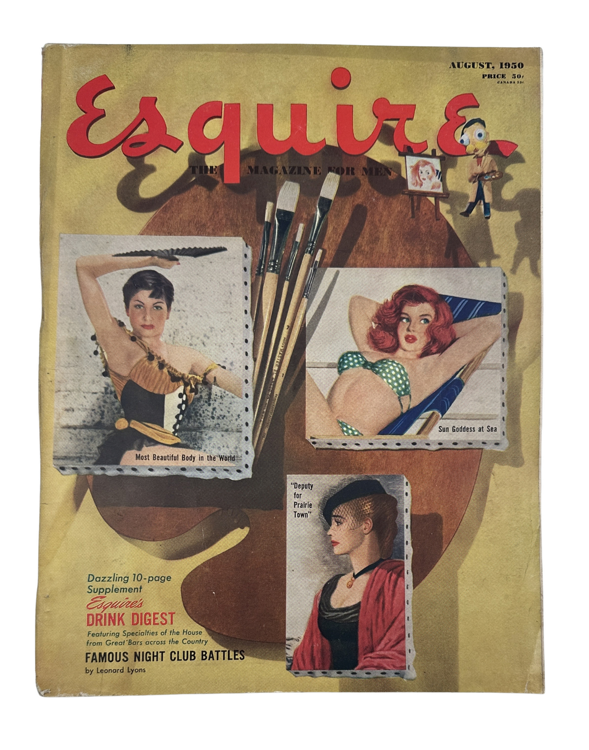 Esquire Magazine August 1950 cover featuring pinup illustrations and art tools, highlighting Contents including 'Drink Digest' and articles on celebrities like Ingrid Bergman and Davy Crockett.