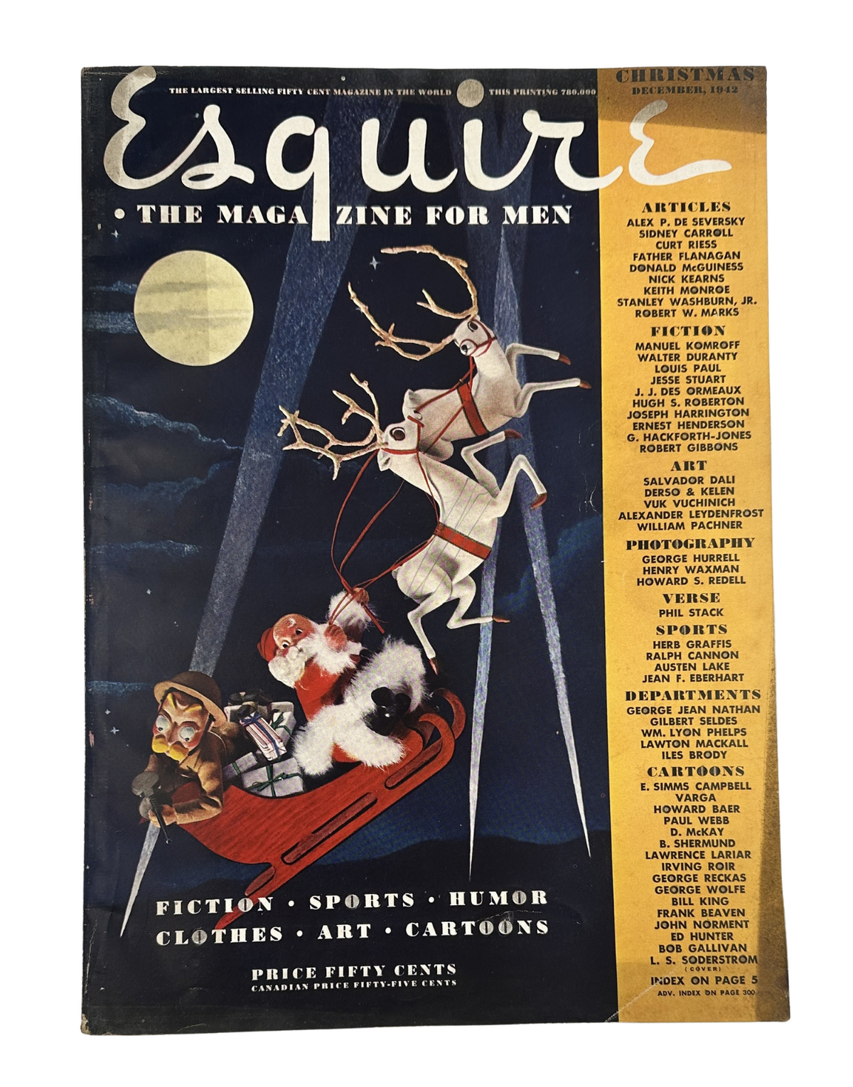 December 1942 Esquire Magazine Christmas cover featuring Santa Claus, reindeer, and playful holiday imagery, highlighting pinup art by Varga and featuring actress Janet Blair, in a WWII context.