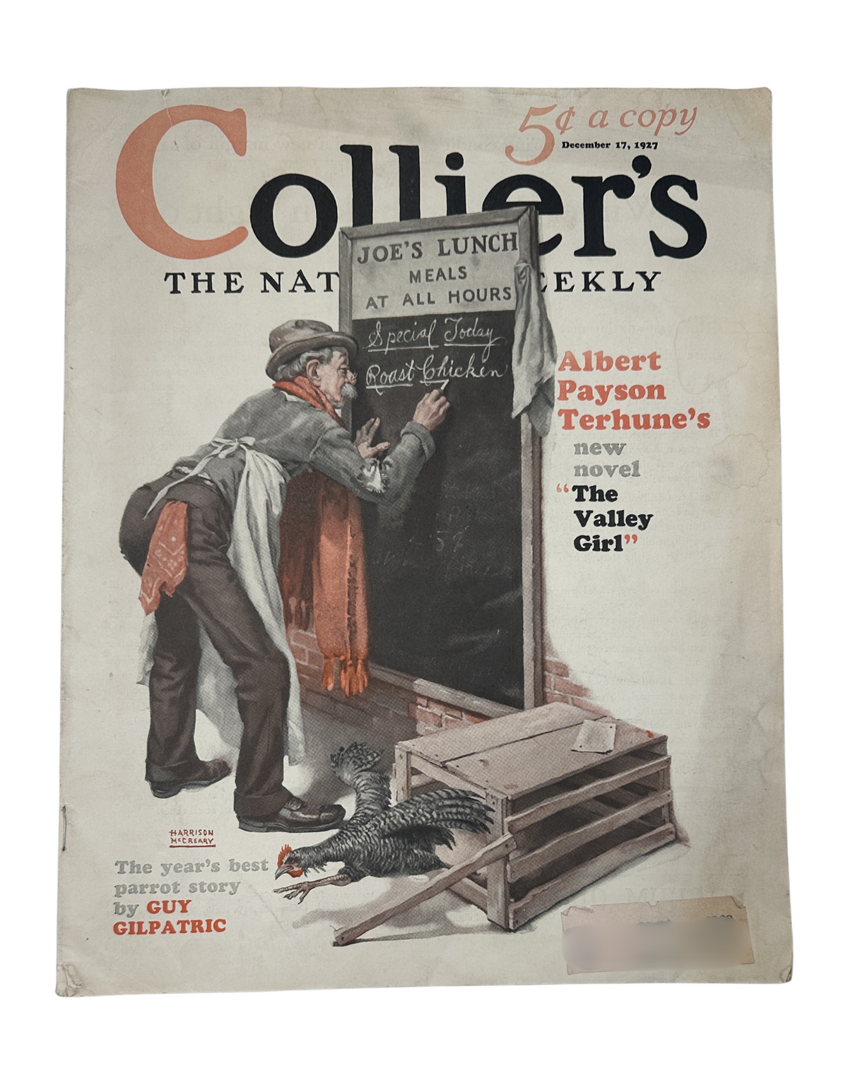 Cover of Collier’s Magazine from December 17, 1927, featuring an illustration by Guy Gilpatric depicting a man outside 'Joe's Lunch.' The magazine highlights Albert Payson Terhune's novel 'The Valley Girl,' showcasing classic early 20th-century artwork.