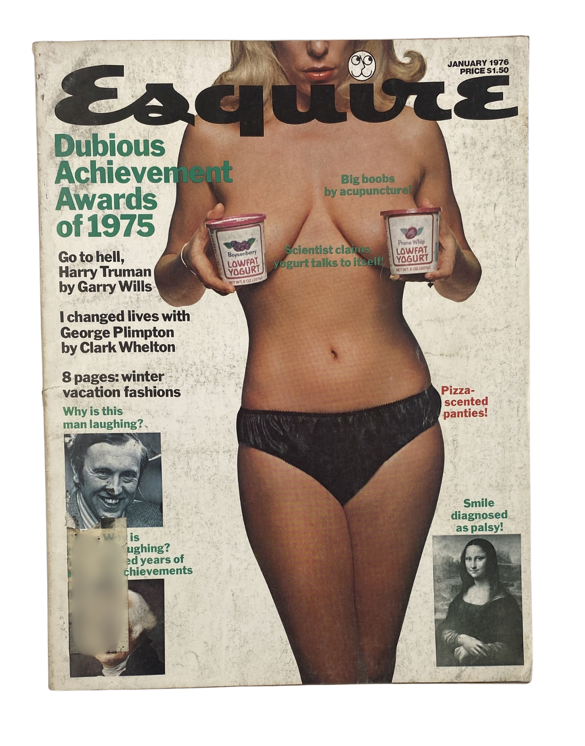 Cover of Esquire Magazine January 1976 featuring the Dubious Achievement Awards of 1975. The cover highlights humorous and satirical content, including an article by Garry Wills and visuals pertaining to fashion and health topics.