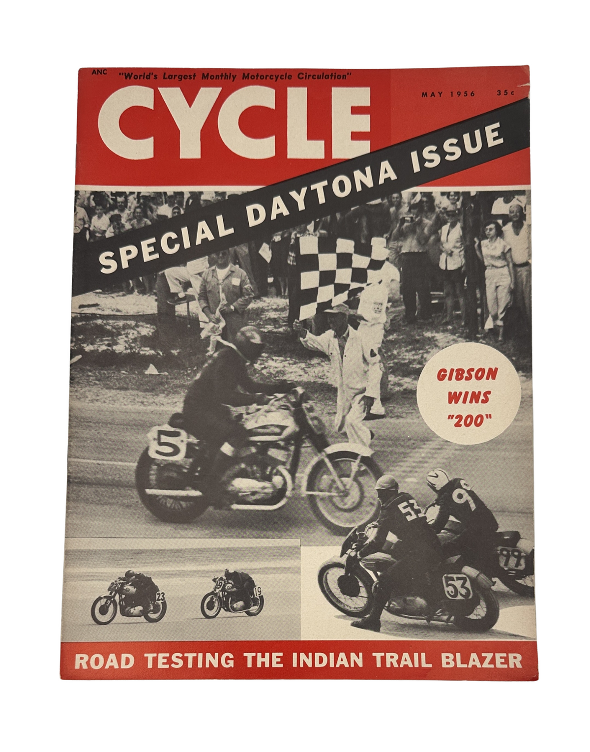 Cycle Magazine May 1956 cover featuring a Special Daytona Issue, highlighting Gibson's victory at the '200' race and showcasing images of motorcycles and racing action.