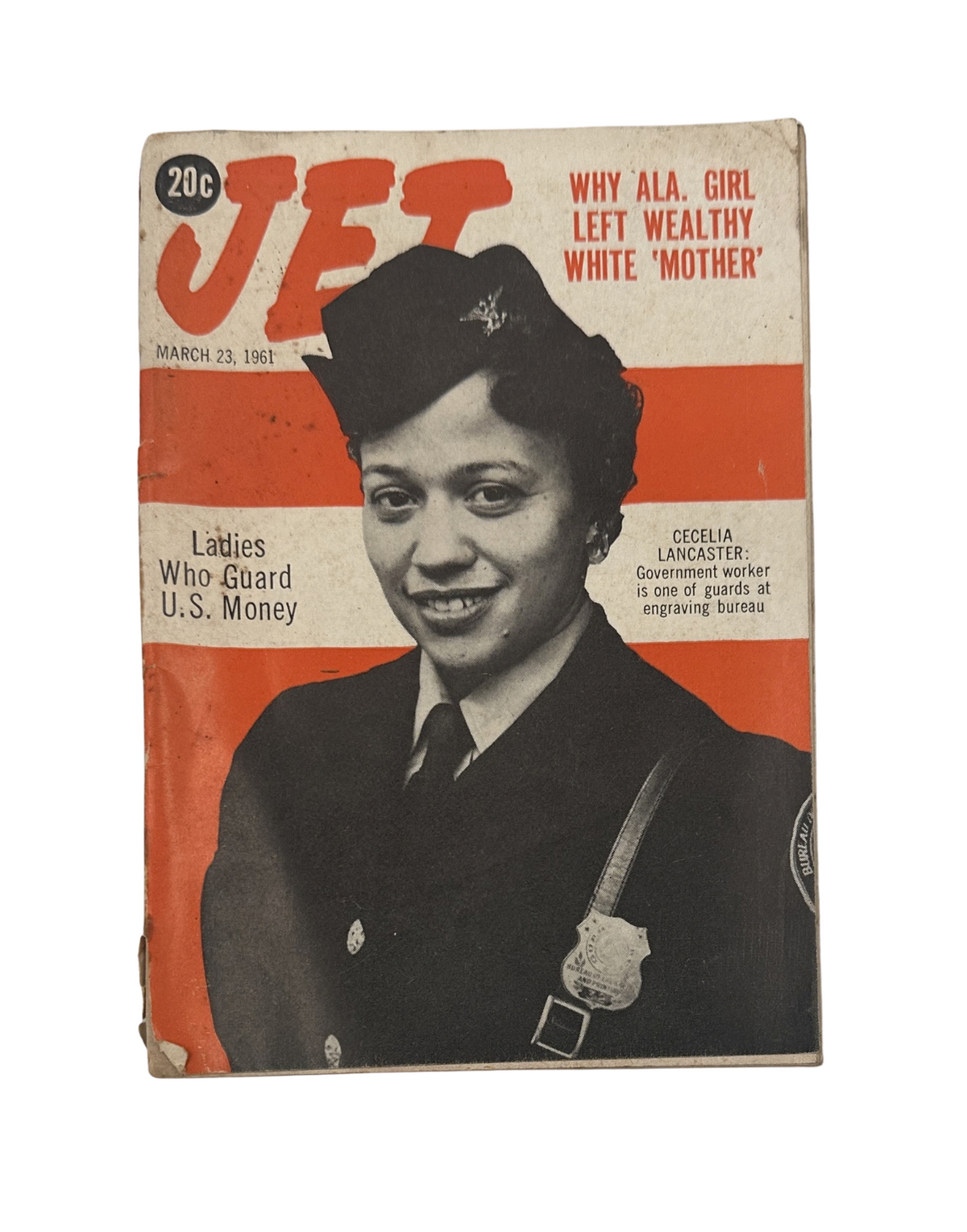 Jet Magazine March 23, 1961 featuring Cecelia Lancaster on the cover, depicting a government worker guarding U.S. money, showcasing historical significance and representation in journalism.