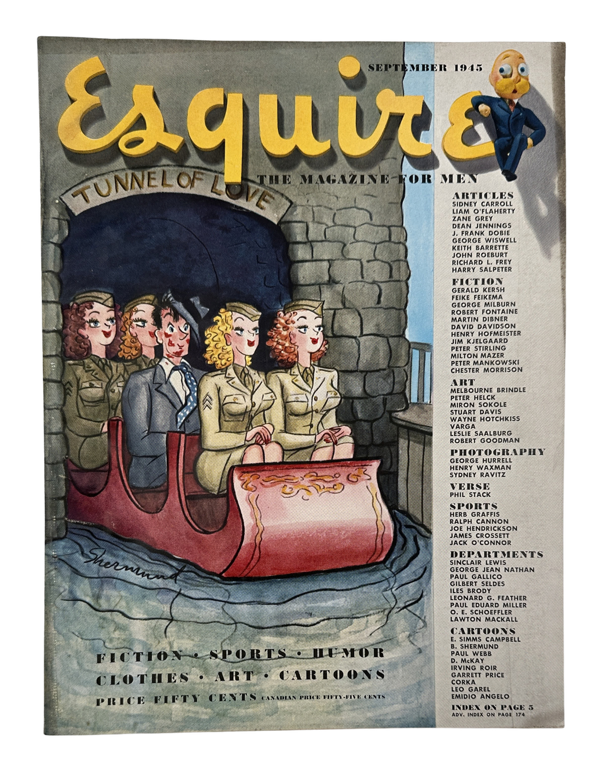 Cover of Esquire Magazine September 1945 featuring the title 'Esquire: The Magazine for Men', illustrated by Sherman, showcasing a playful 'Tunnel of Love' theme with characters in a whimsical ride.