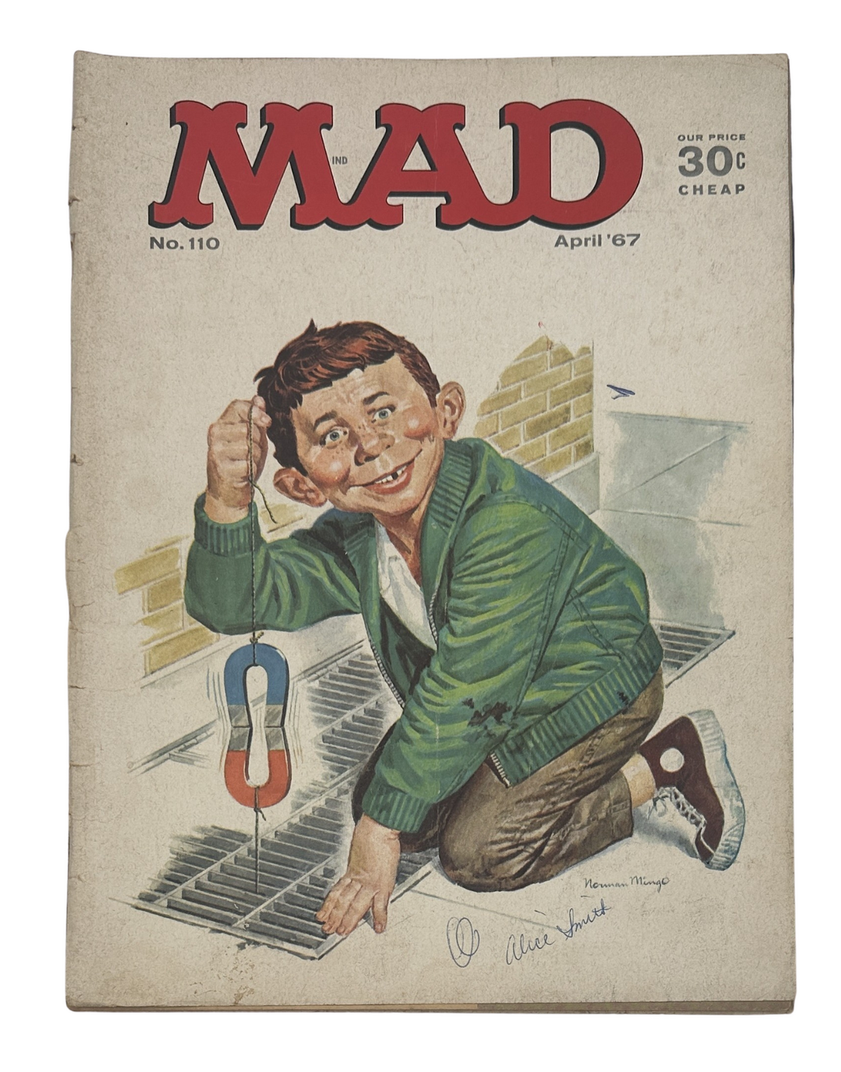 MAD Magazine No. 110 April 1967 cover featuring Alfred E. Neuman with a magnet, illustrating humor with a playful design, ideal for collectors of vintage comic magazines.