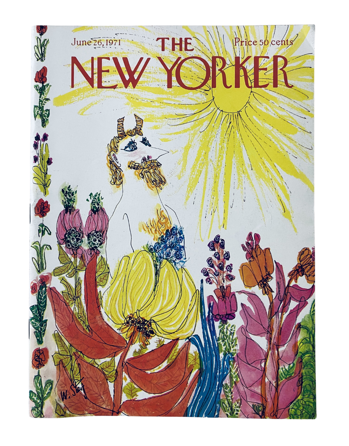The New Yorker Magazine June 26, 1971 cover featuring a colorful illustration by W. Steig depicting a whimsical character with flowers and sunshine, indicative of the magazine's artistic style.