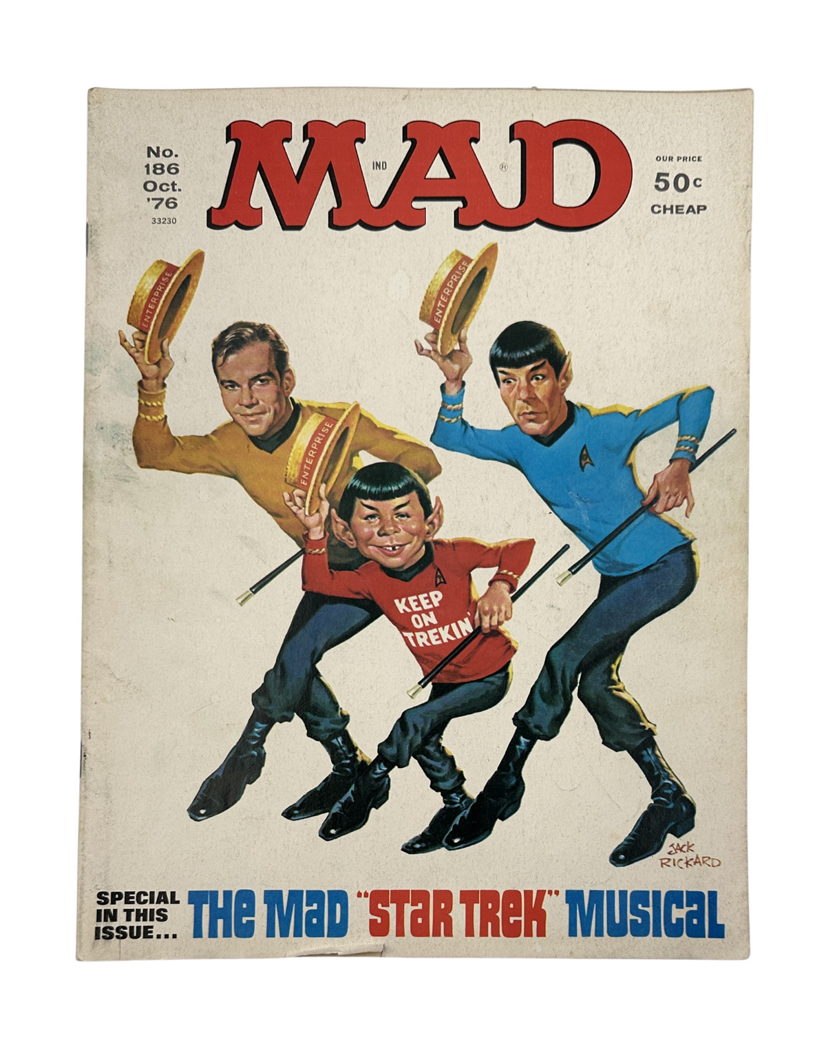 MAD Magazine No. 186 October 1976 cover featuring characters from The MAD Star Trek Musical, illustrated by Jack Rickard, showcasing a comedic artistic style.