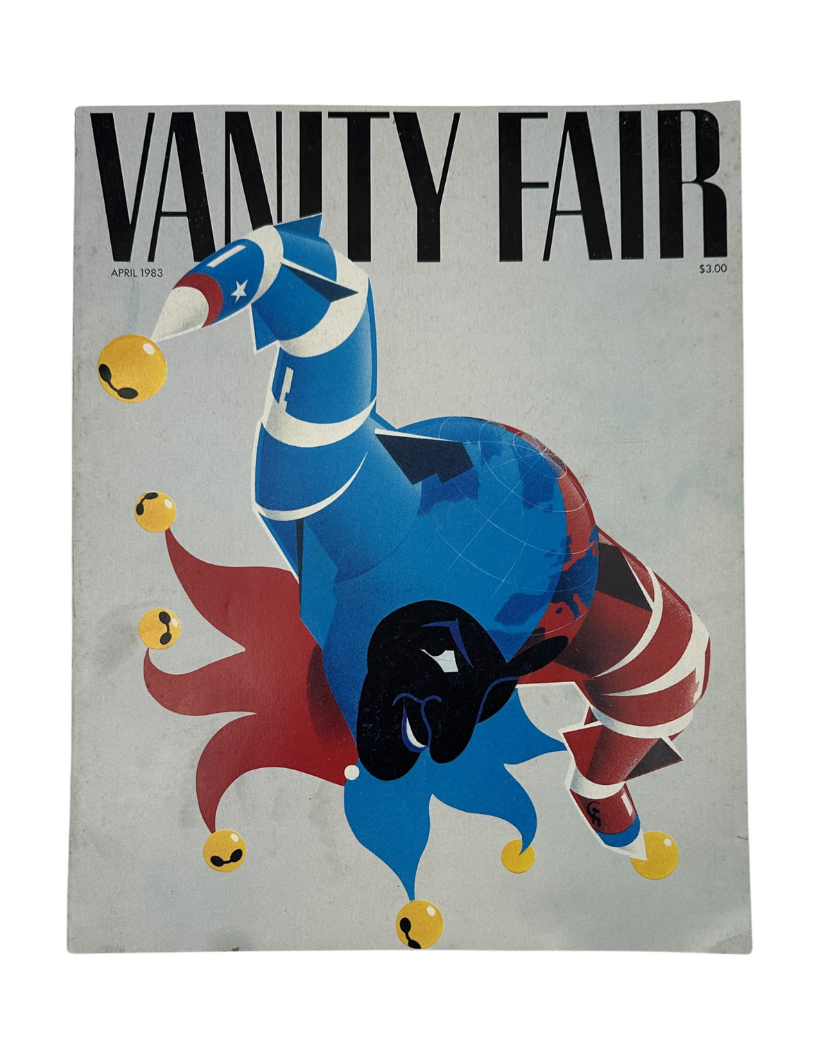 Vanity Fair Magazine April 1983 cover featuring a colorful jester design, showcasing vibrant graphics and bold colors.