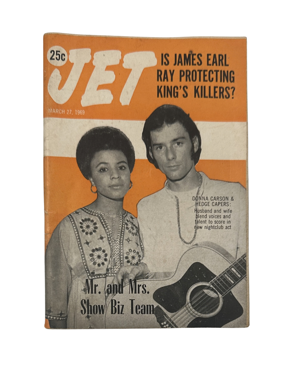 Jet Magazine cover from March 27, 1969 featuring Hedge Capers and Donna Carson alongside the headline 'Is James Earl Ray protecting King’s killers?'.