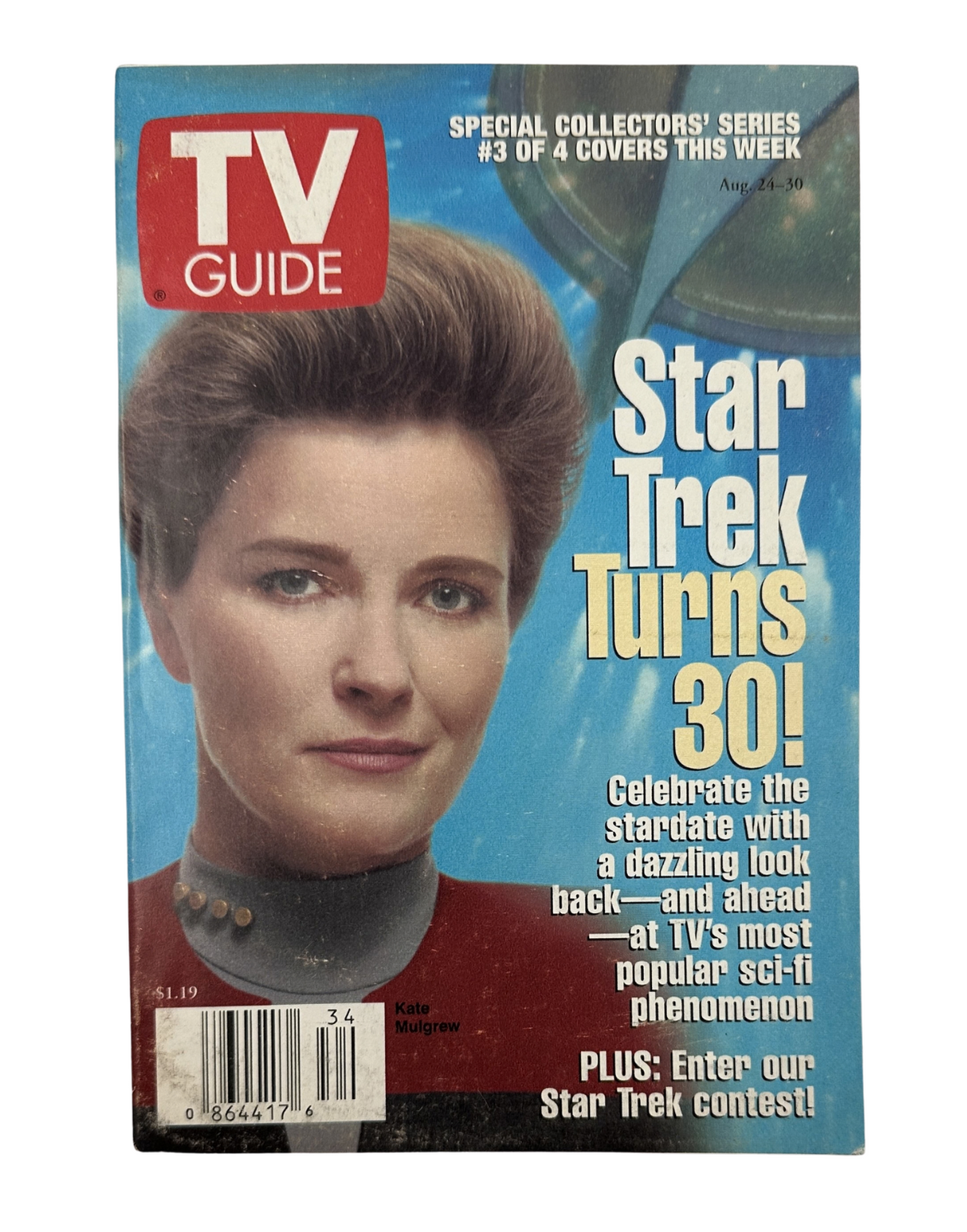 TV Guide Magazine August 24, 1996 cover featuring Star Trek Turns 30 with Kate Mulgrew, celebrating the iconic sci-fi series' 30th anniversary.