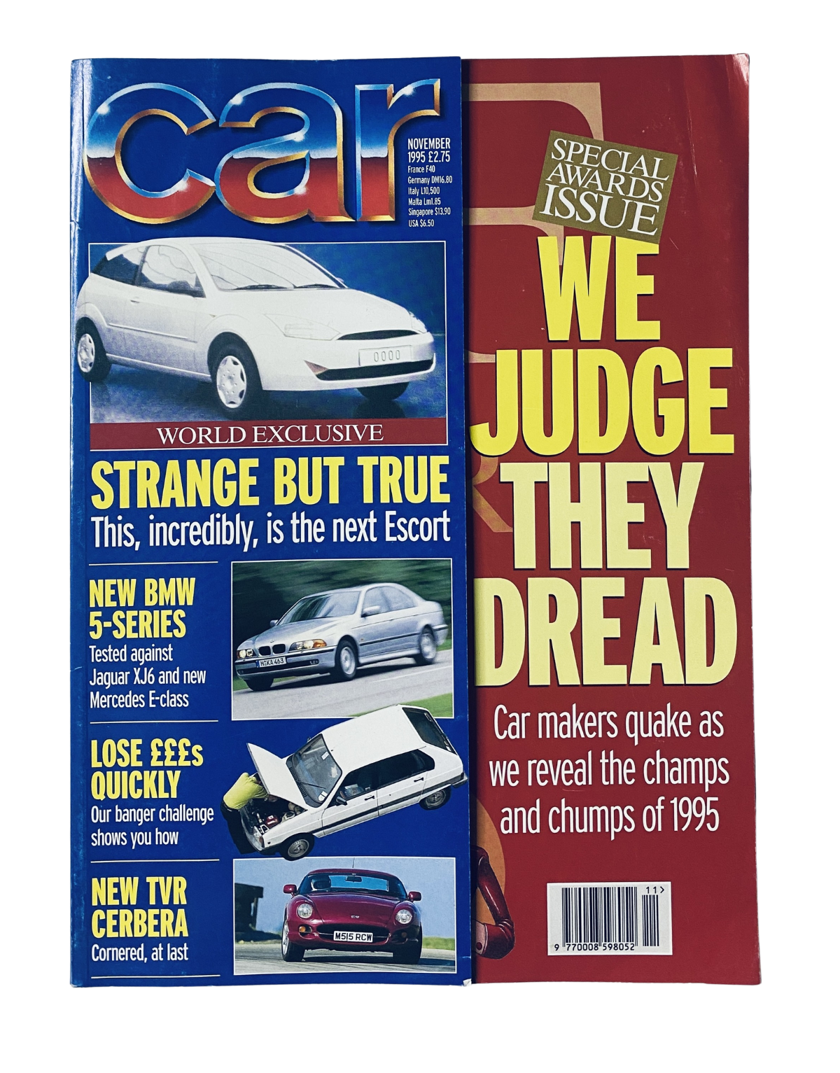 Cover of CAR Magazine November 1995 featuring the new Ford Escort, a test of the BMW 5-Series, and a review of the new TVR Cerbera, showcasing the design and technology awards.