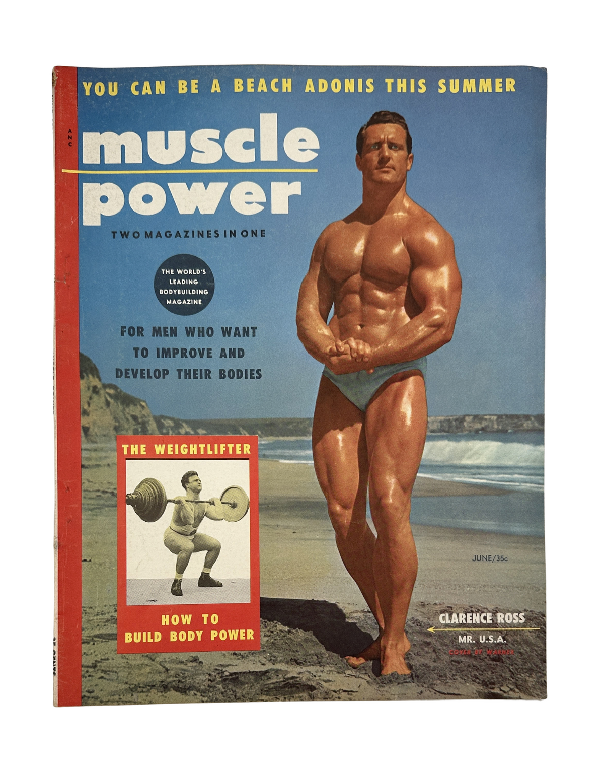 Cover of Muscle Power Magazine June 1955 featuring Clarence Ross, titled 'America’s Perfect Man'. The magazine promotes bodybuilding and fitness for summer with a photo of a muscular man on the beach.