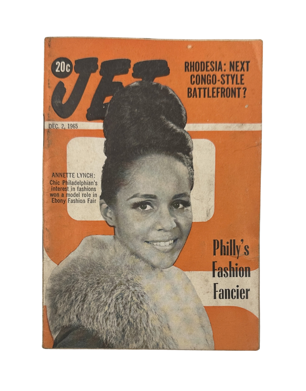 Cover of Jet Magazine dated December 2, 1965 featuring Annette Lynch, titled 'Philly's Fashion Fancier' showcasing a fashion-forward hairstyle and a bold orange background.