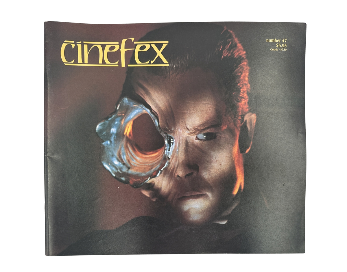 Cinefex Magazine August 1991 No. 47 cover featuring a close-up of a character with an eye injury from Terminator 2 Judgment Day.