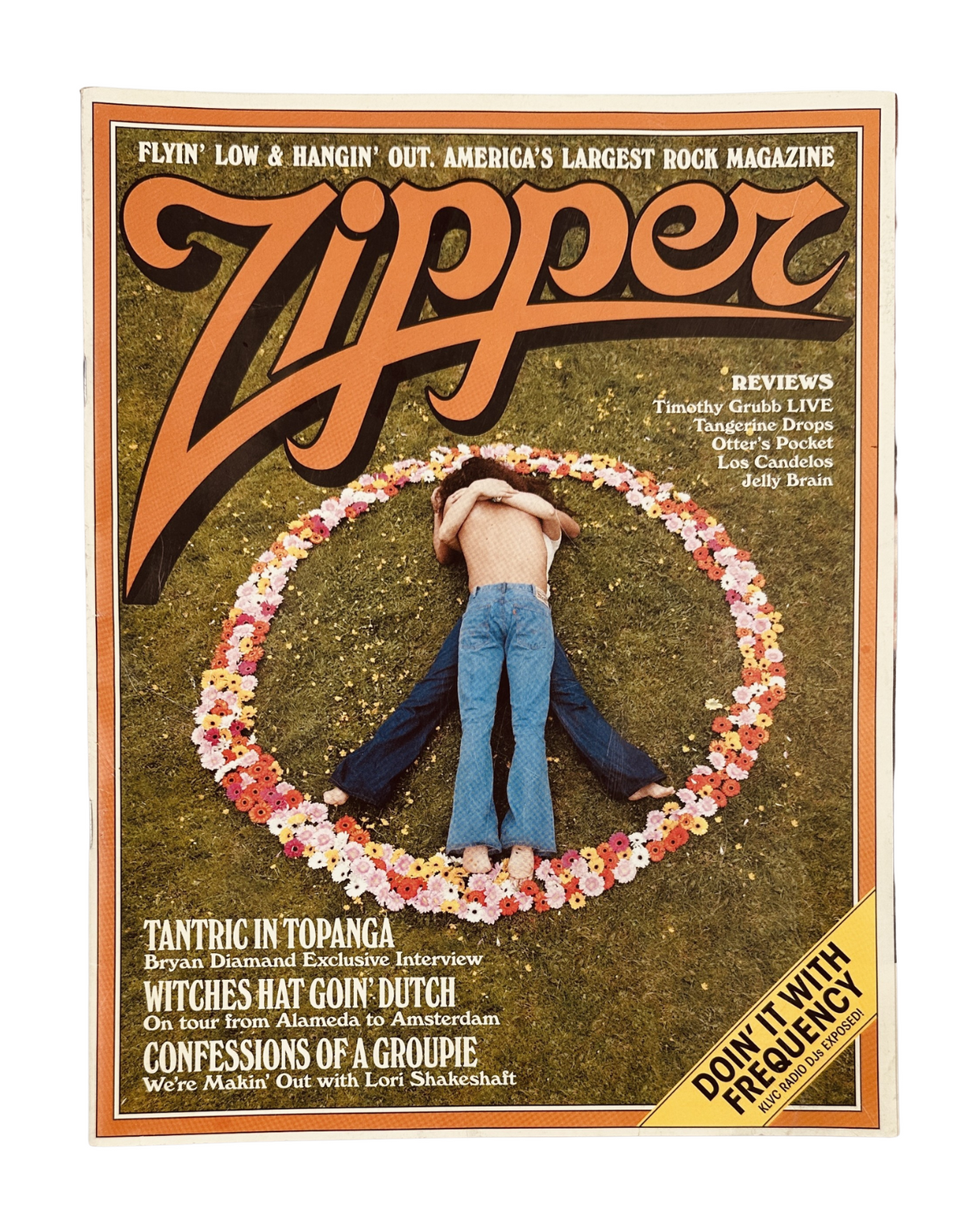 Cover of Zipper Magazine August 1972 featuring a couple on a floral-patterned ground, advertising content including exclusive interviews and music reviews.