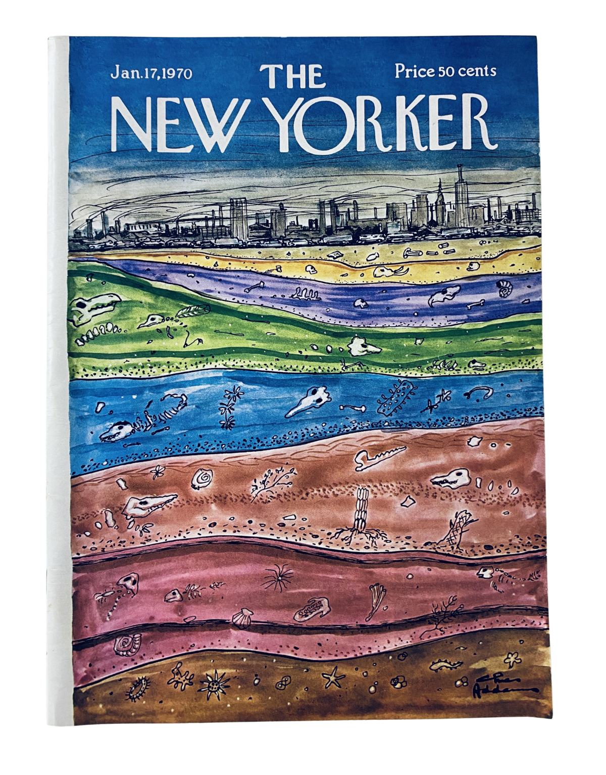 The New Yorker Magazine January 17, 1970 cover featuring a colorful illustration of fossil layers with a city skyline backdrop by C. Addams.