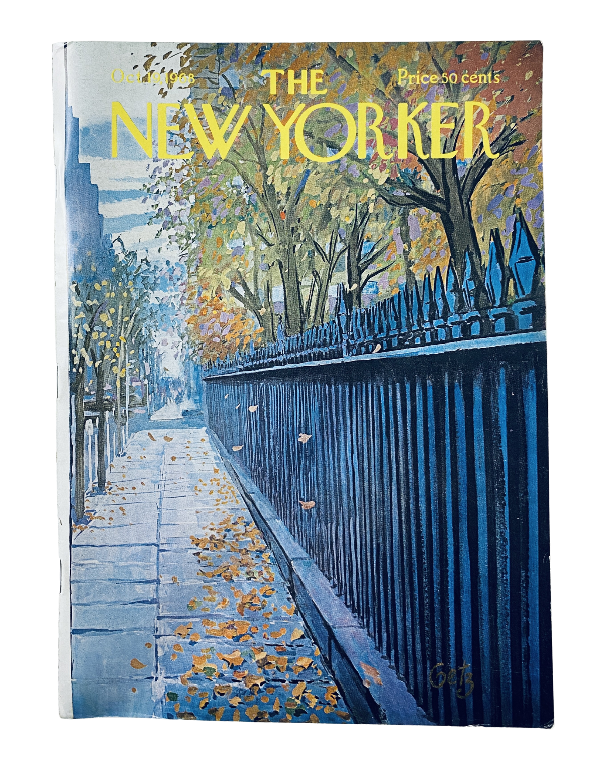 Cover of The New Yorker Magazine from October 19, 1968 featuring an autumn city scene with a fence, illustrated by Arthur Getz.