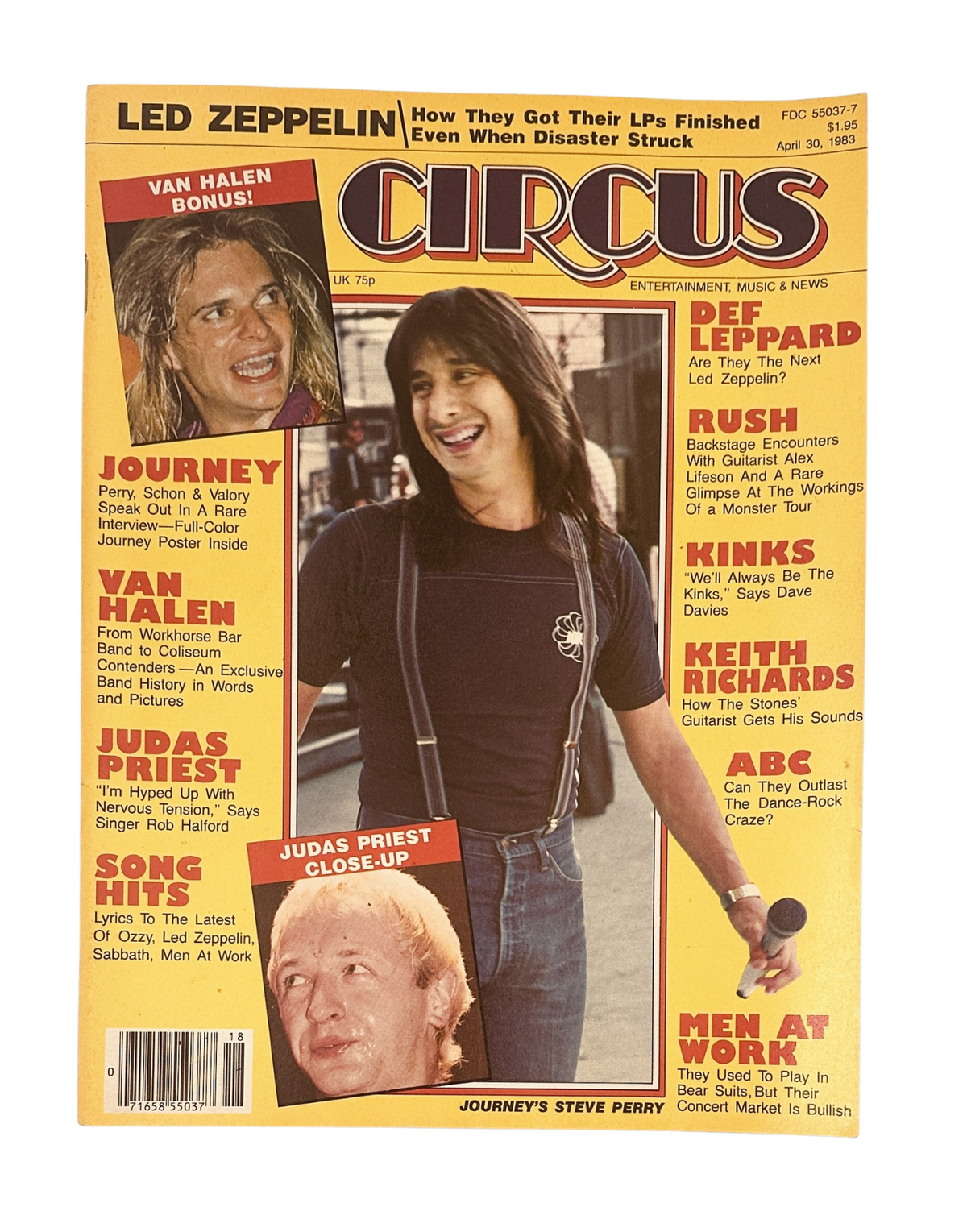 Circus Magazine cover from April 30, 1983, featuring Journey, Steve Perry, Van Halen, and Led Zeppelin, highlighting music articles and features.