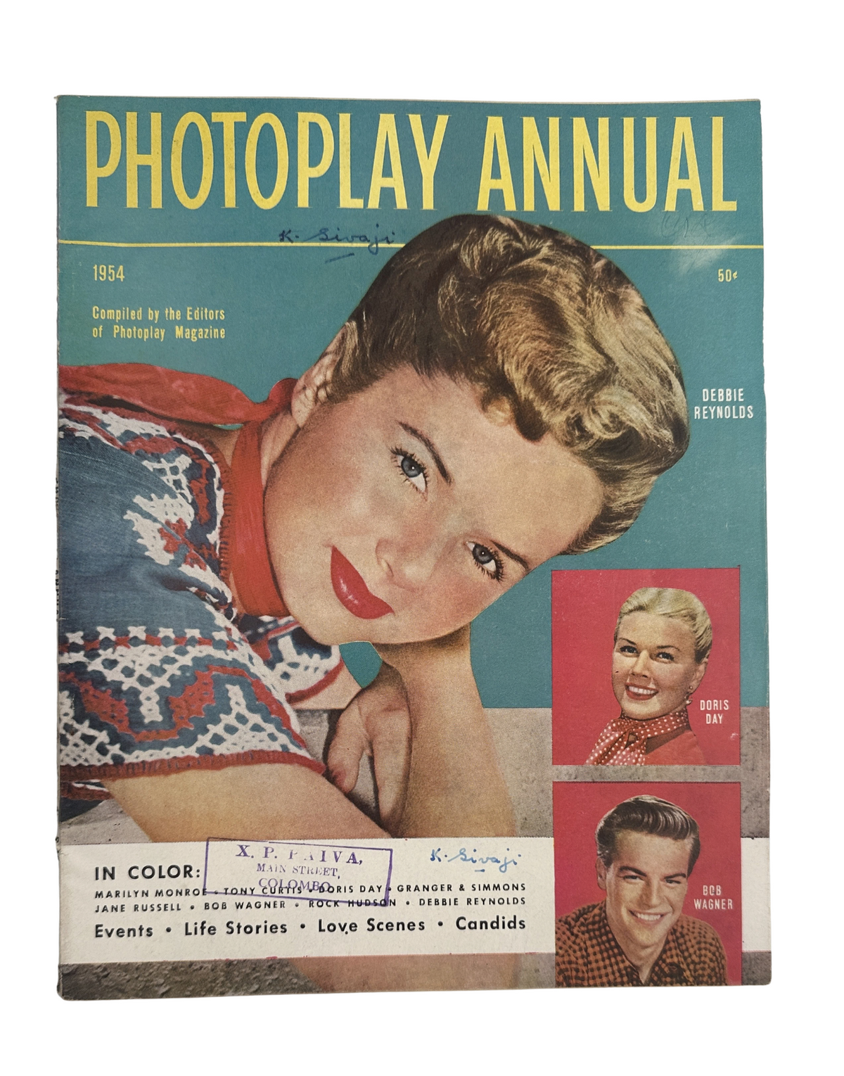 Cover of the Photoplay Annual Magazine 1954 featuring Debbie Reynolds, Doris Day, and Bob Wagner, showcasing classic Hollywood glamour.