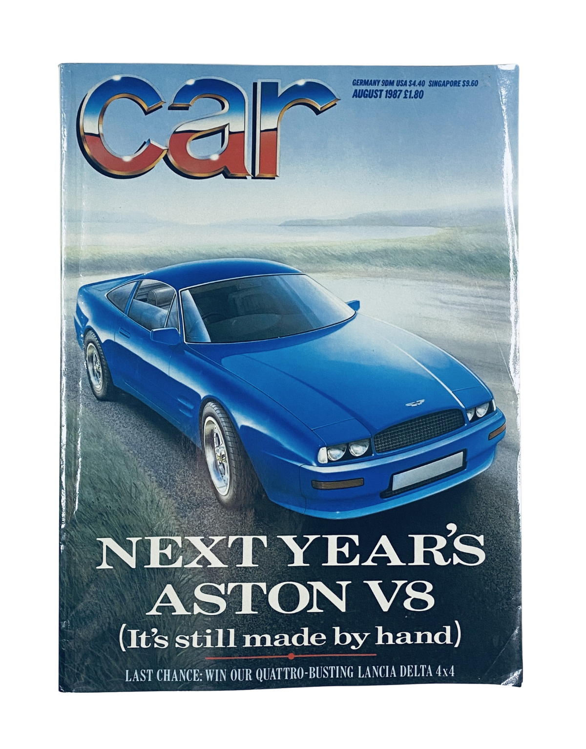 CAR Magazine August 1987 cover featuring a blue Aston V8, highlighting the preview of the Aston V8, Lancia Delta 4x4, BMW 750L, and Peugeot 405, with a tagline about the last chance to win a Quattro-busting Lancia Delta 4x4.