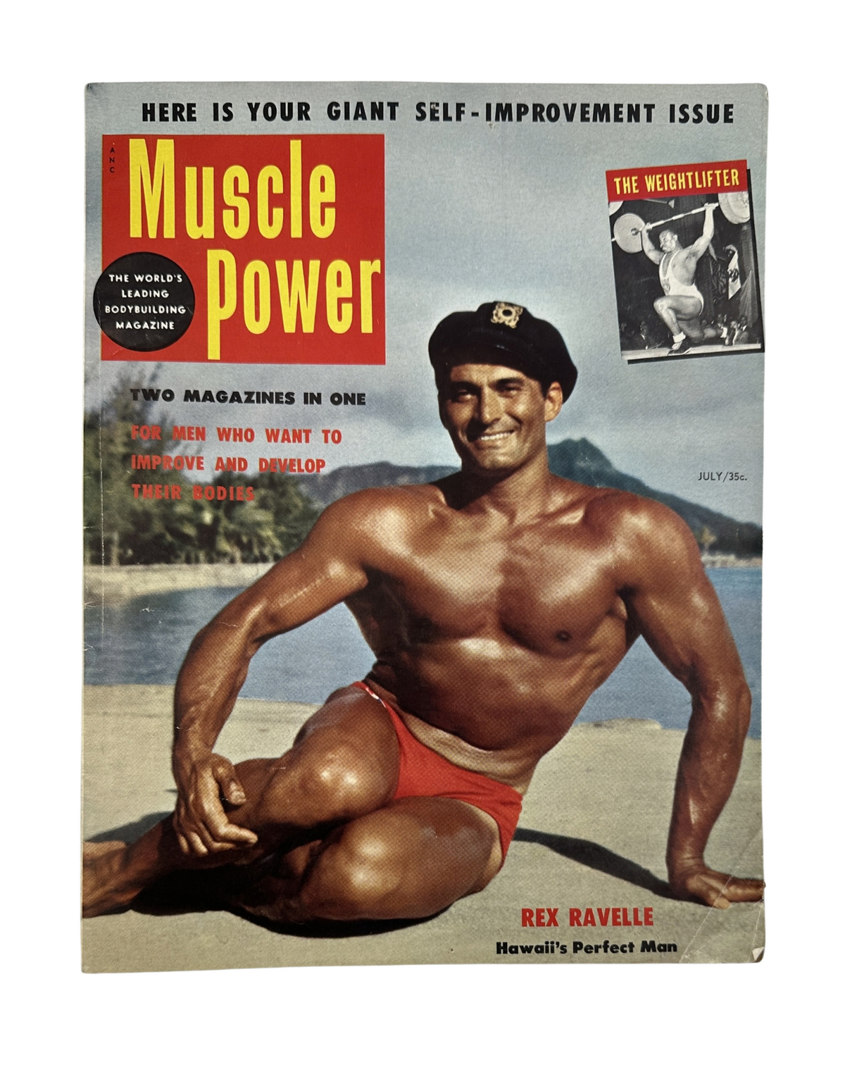 Muscle Power Magazine July 1954 featuring Rex Ravelle, Hawaii's Perfect Man, on the cover showcasing a muscular physique on a beach setting.