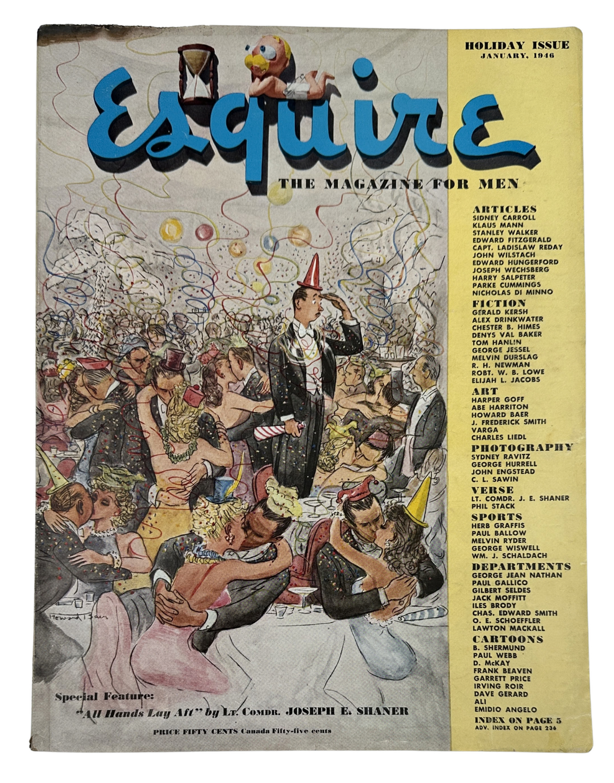 Esquire Magazine January 1946 cover featuring festive party scene with confetti and characters celebrating, in acceptable condition highlighting Varga Varieties and the theme 'The Magazine for Men.'