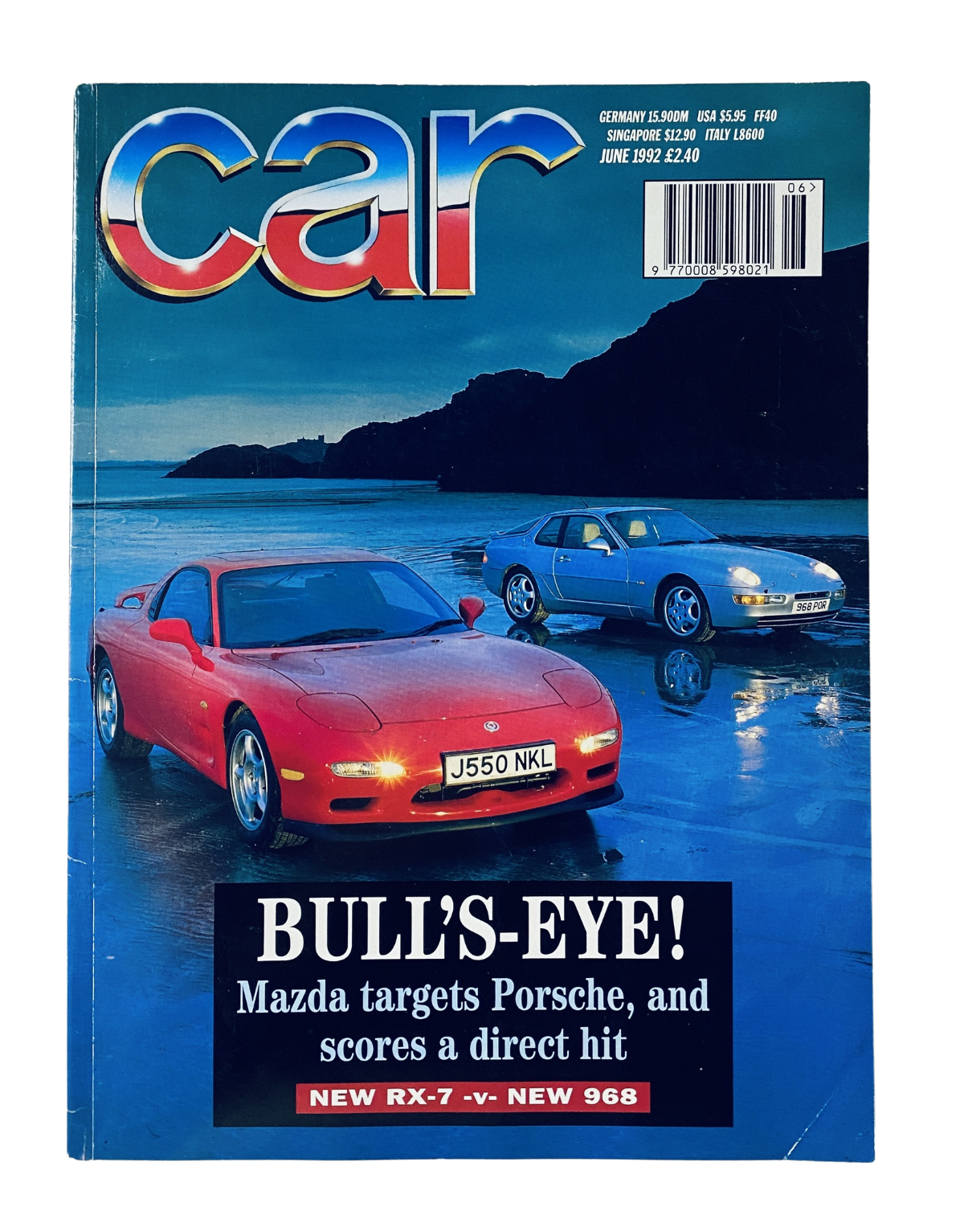 Cover of CAR Magazine June 1992 featuring the comparison of Mazda RX-7 vs Porsche 968 with vibrant sports cars in focus. Title: CAR Magazine June 1992 Mazda RX-7 vs Porsche 968, Newcomers, S-Class Review.
