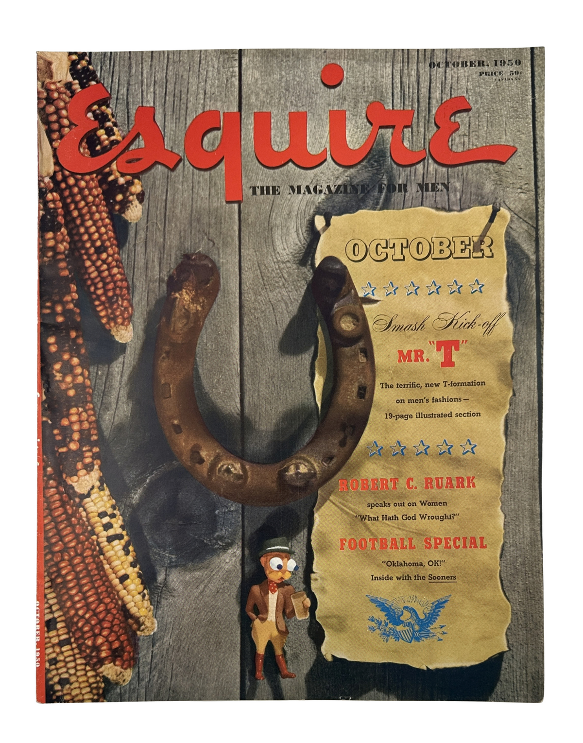 Esquire Magazine October 1950 featuring Robert C. Ruark's Football Special alongside a vintage pinup, showcasing a horseshoe and decorated with autumn-themed corn. The cover highlights articles and illustrations related to sports and cultural commentary.