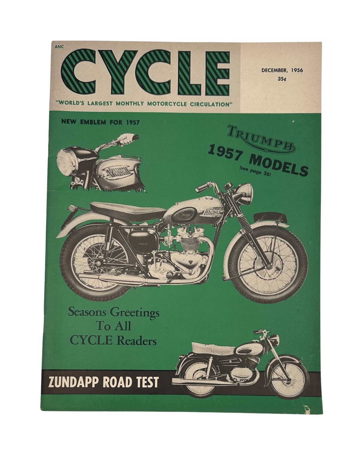 Cycle Magazine December 1956 cover featuring Triumph 1957 models and Zundapp road test