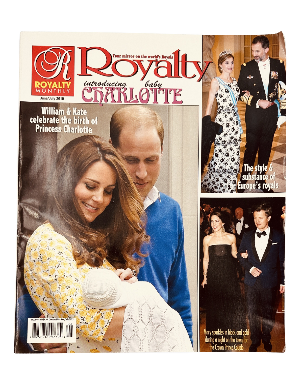 Royalty Monthly Magazine June/July 2015 cover featuring Prince William, Kate Middleton, and Baby Charlotte, celebrating the birth of Princess Charlotte with royal family photos.