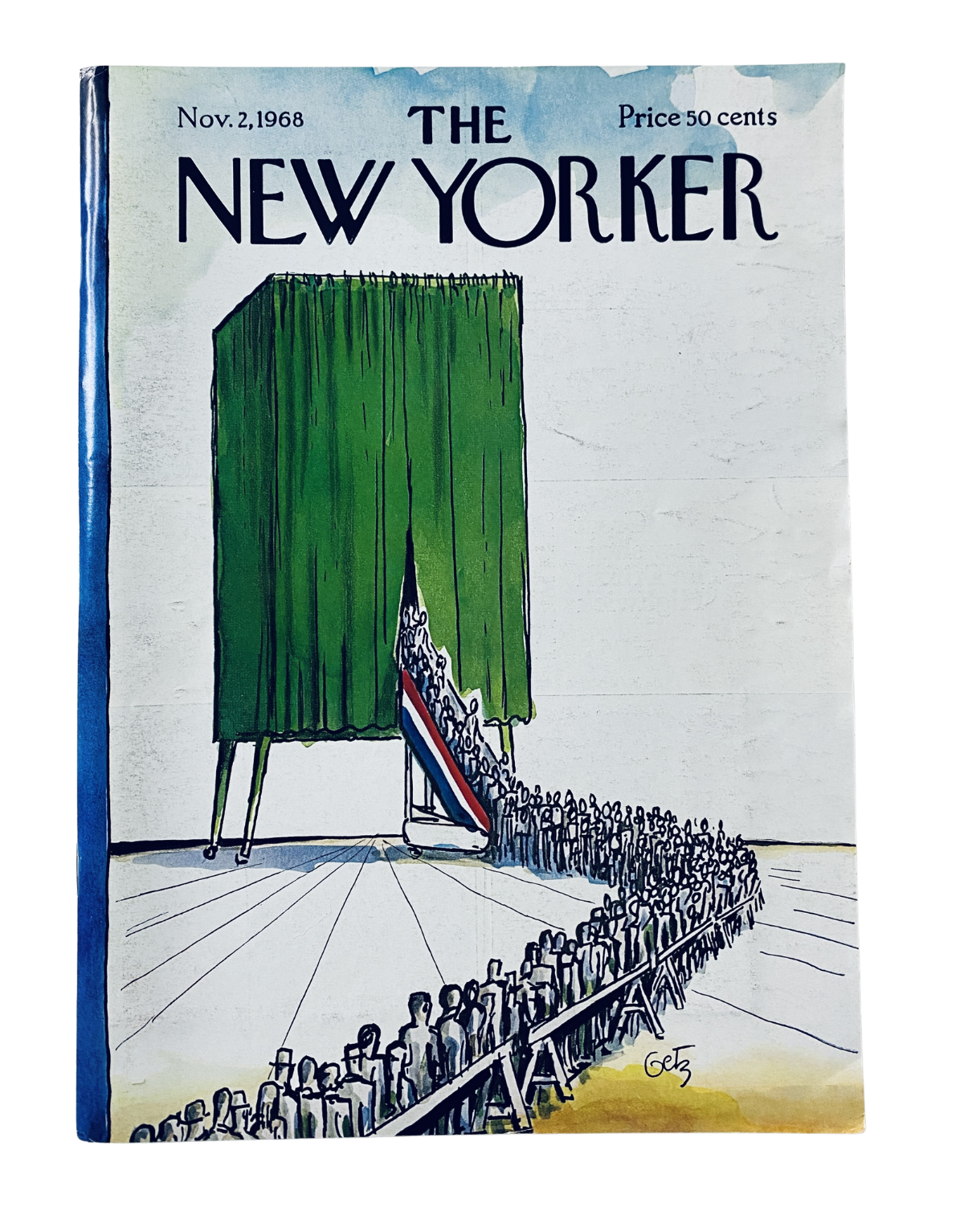 The New Yorker Magazine November 2, 1968 featuring a political cartoon cover by Arthur Getz, illustrated with a large green curtain and a crowd gathering beneath it.