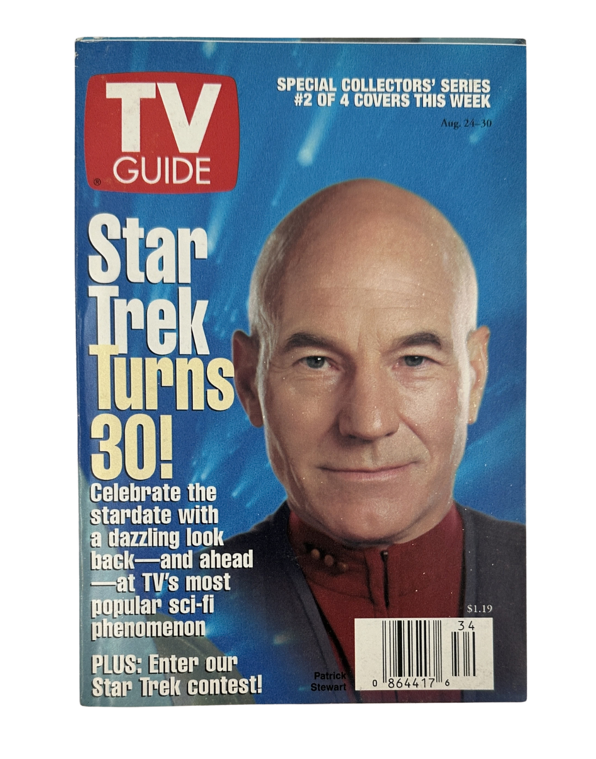 Cover of TV Guide Magazine August 24, 1996 featuring Star Trek Turns 30 with Patrick Stewart. Celebrates the iconic sci-fi series with a special collector's edition design.