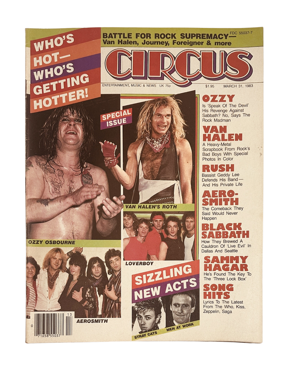 Cover of Circus Magazine dated March 31, 1983 featuring Ozzy Osbourne, David Lee Roth, and Aerosmith, highlighting the story 'Who’s Hot - and Who’s Getting Hotter'.
