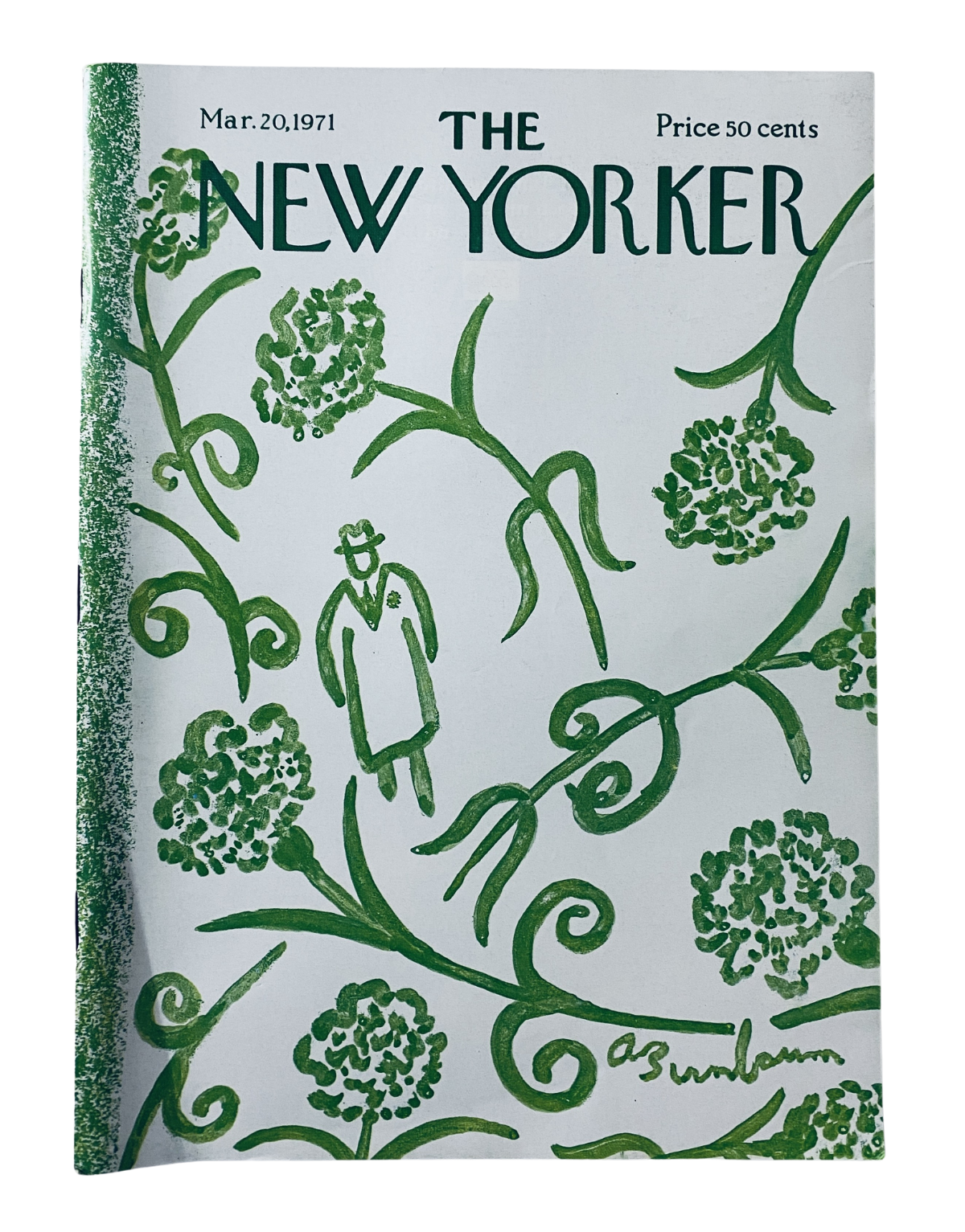The New Yorker Magazine March 20, 1971 cover featuring a green floral figure design by Abe Birnbaum in very good condition.