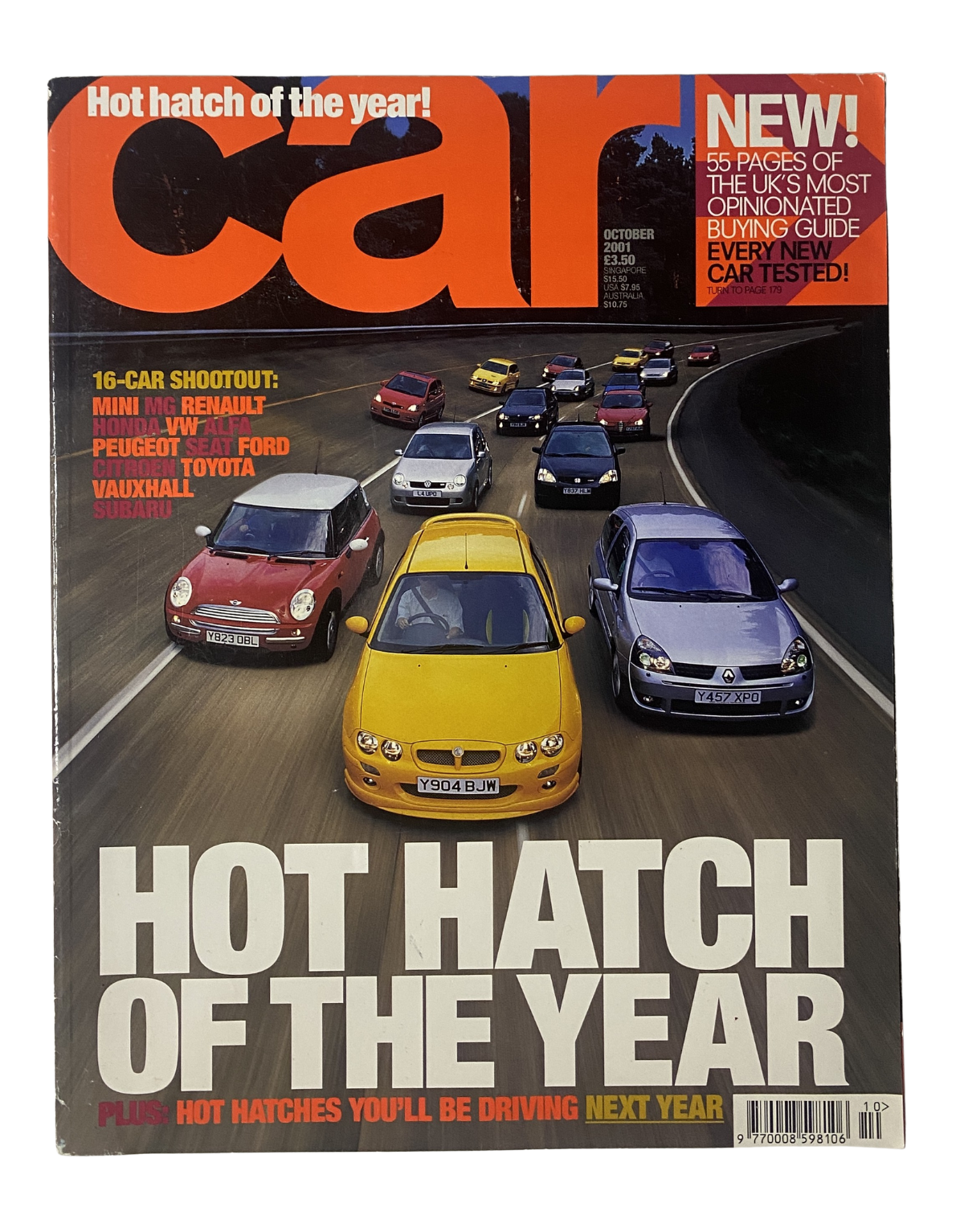 Car Magazine October 2001 cover featuring the title 'Hot Hatch of the Year' with a 16-car shootout including popular models like Mini, MG, and Renault, alongside vibrant action shots of various hatchbacks.
