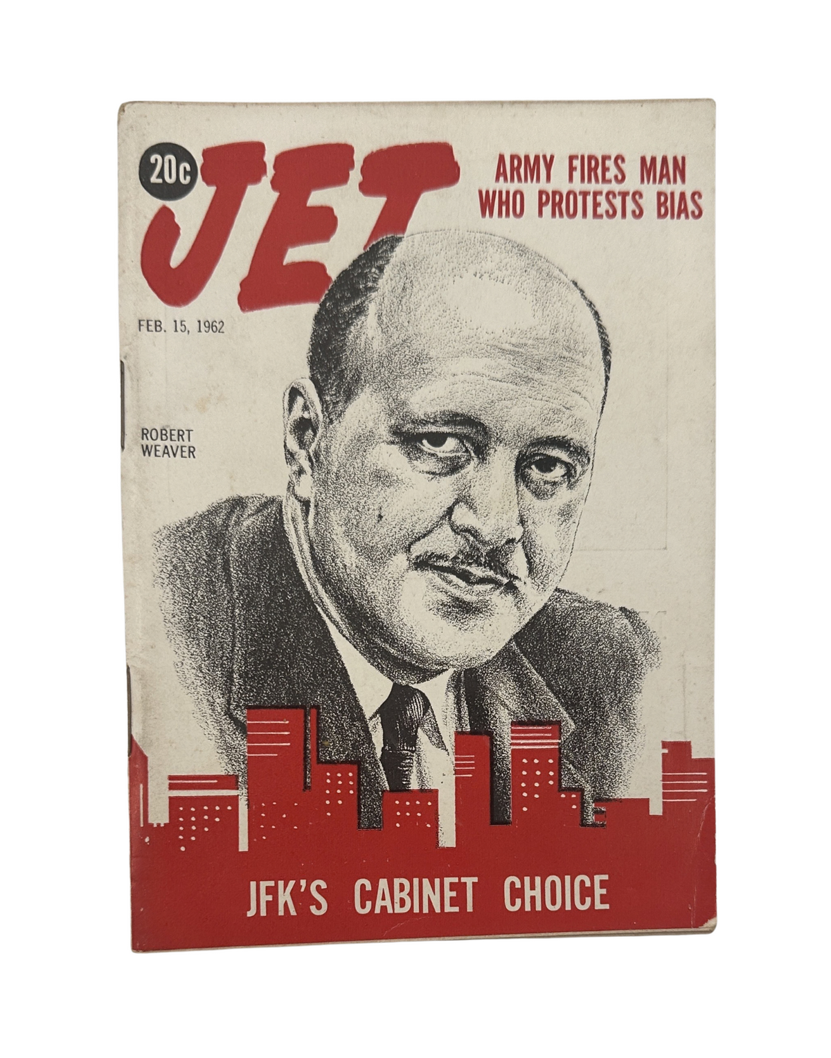 Jet Magazine cover from February 15, 1962 featuring Robert Weaver, discussing JFK's cabinet biases, showcasing an illustration of Weaver against a city skyline.