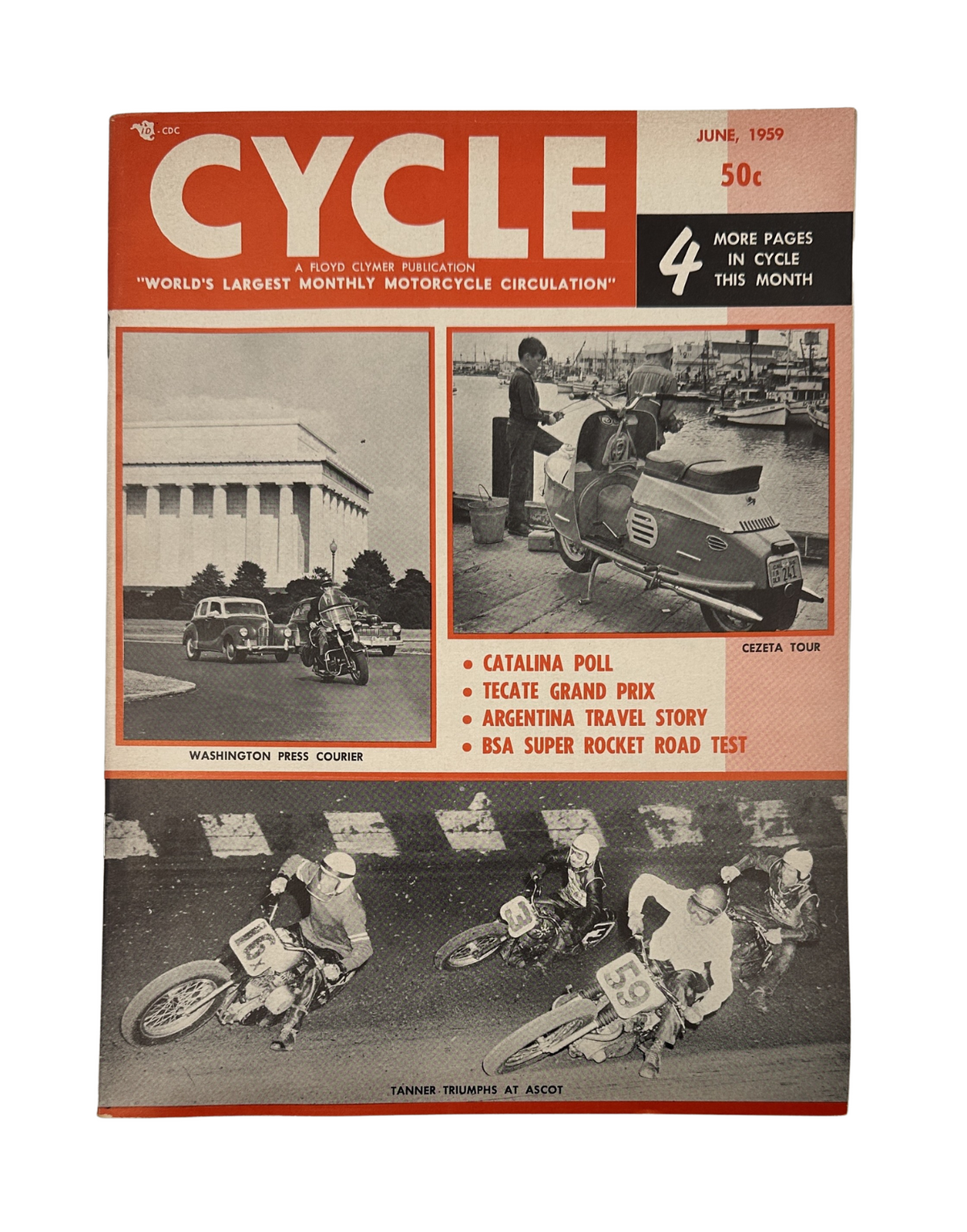 Cycle Magazine June 1959 cover featuring BSA Super Rocket, Tecate GP, Catalina Poll, and Washington Press Courier with images of motorcycles racing.