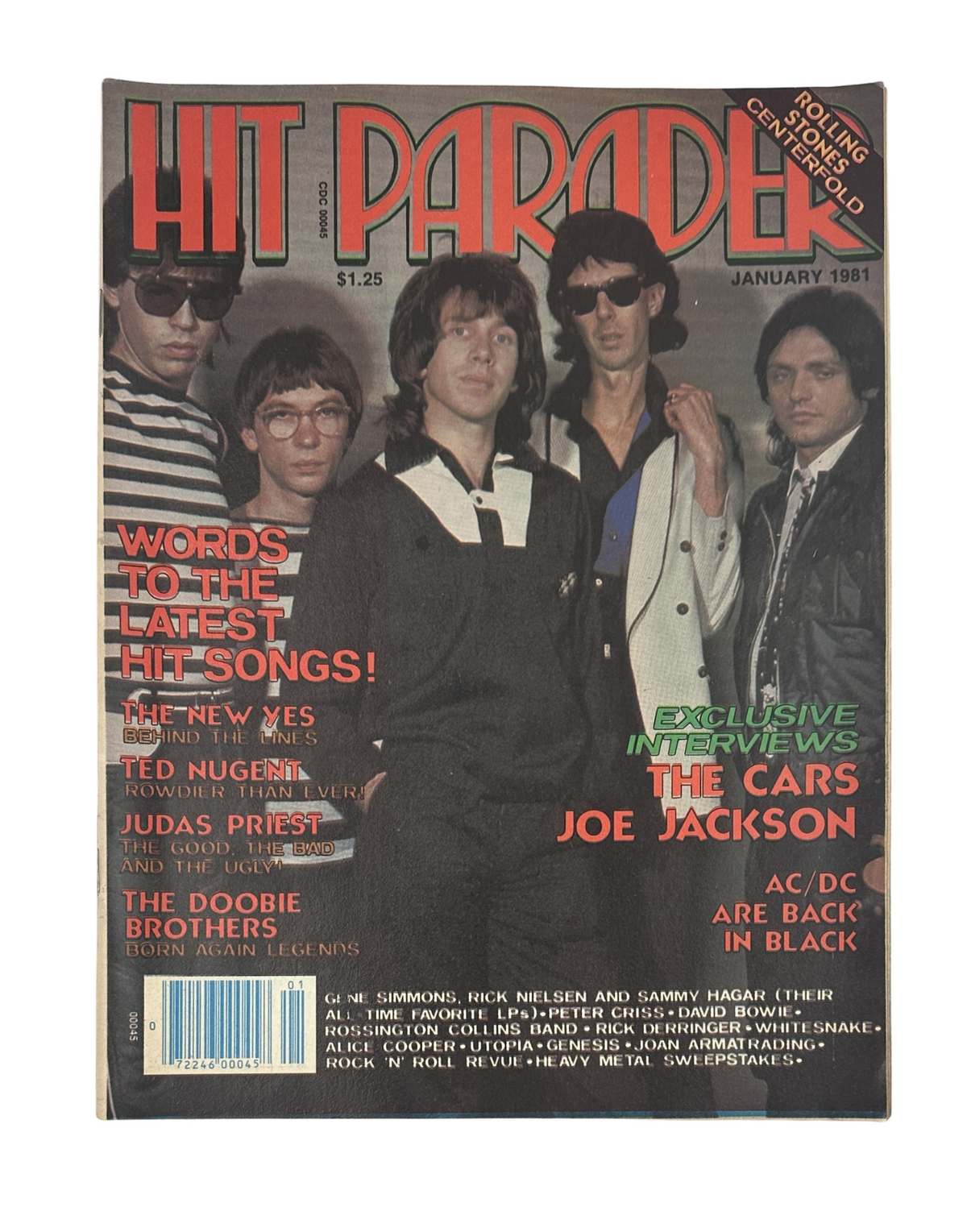 Cover of Hit Parader Magazine January 1981 featuring The Cars, Joe Jackson, and AC/DC, showcasing exclusive interviews and a centerfold with the Doobie Brothers.