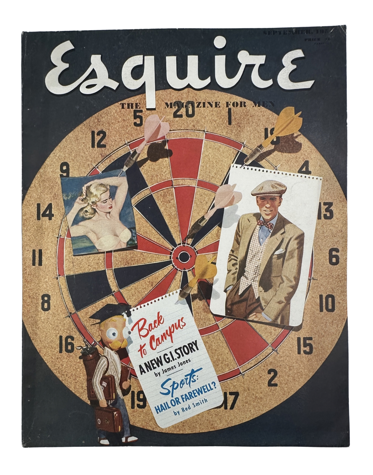 Esquire Magazine September 1951 featuring Marilyn Monroe, showcasing a vintage cover art with a dartboard, text highlighting 'Back to Campus' and a pinup model.