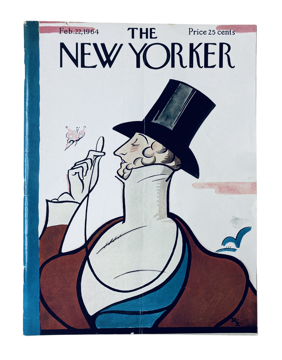 The New Yorker Magazine February 22, 1964 Top Hat Gentleman Cover Rea Irvin, featuring a dapper gentleman in a top hat with a whimsical background.