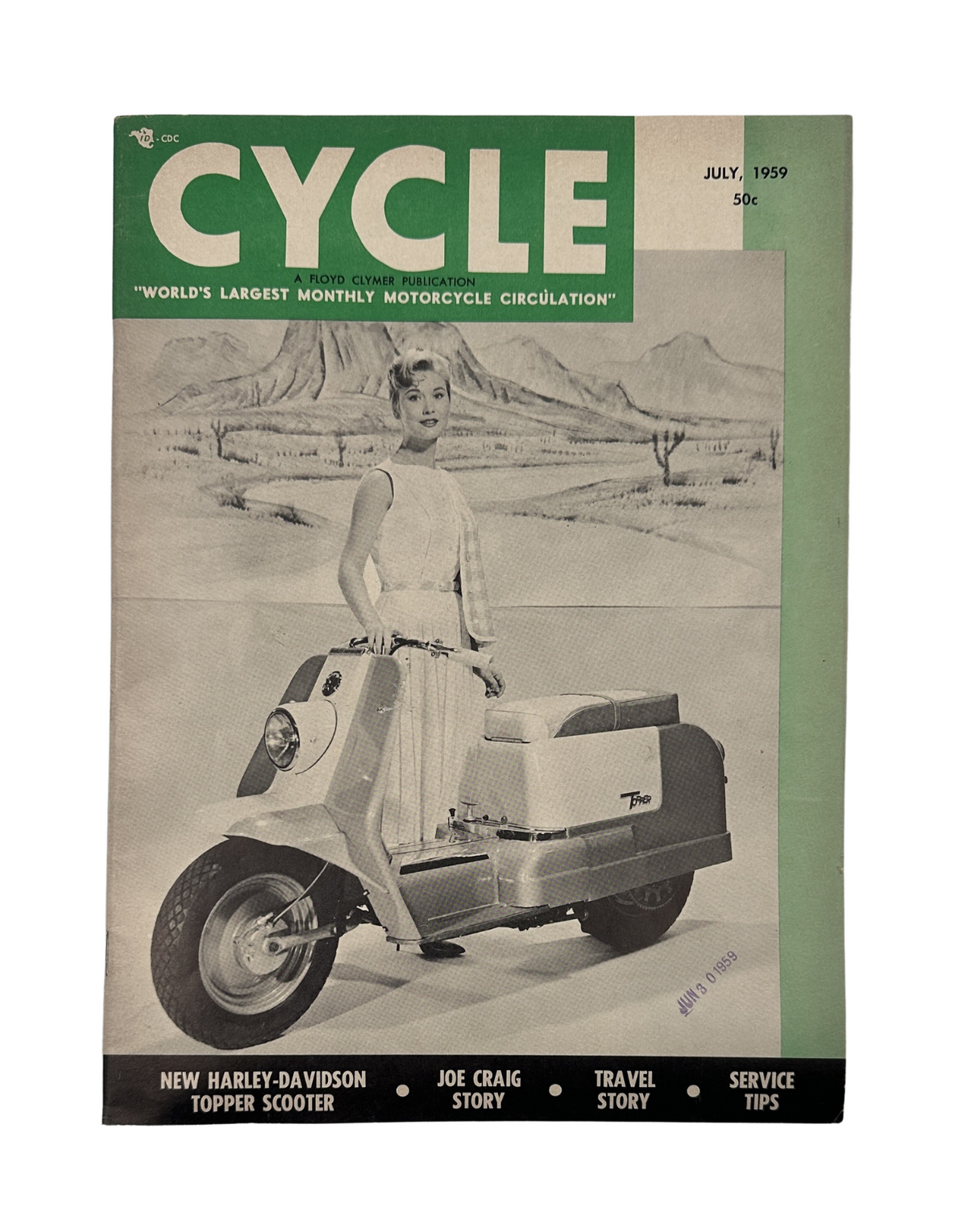 Cycle Magazine July 1959 cover featuring a woman next to a Harley Topper Scooter, showcasing the magazine's vintage design and motorcycle themes.