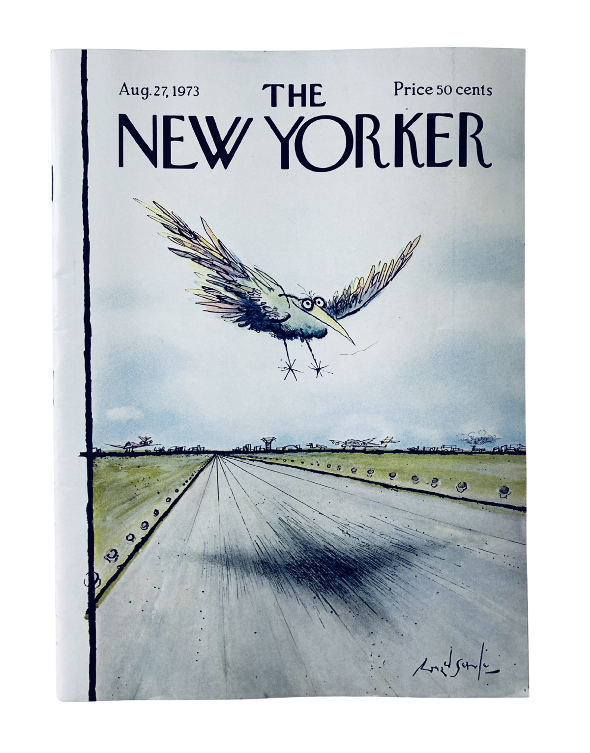 Cover of The New Yorker Magazine dated August 27, 1973 featuring a flying bird illustrated by Ronald Searle, set against a runway backdrop.