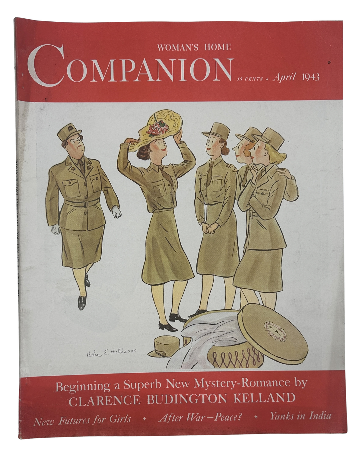 Cover of Woman’s Home Companion Magazine April 1943 featuring a colorful illustration by Helen E. Hokinson with women in military attire, promoting a novel by Clarence Budington Kelland.